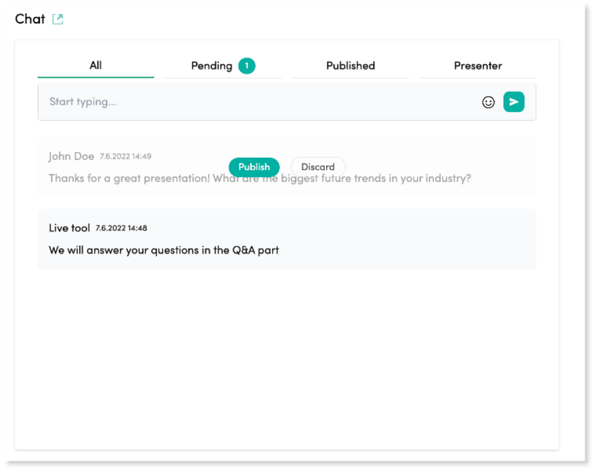 The chat panel with a message held for review: the moderator can Publish or Discard it, and the All, Pending, Published and Presenter tabs separate what the audience already sees from what is still waiting