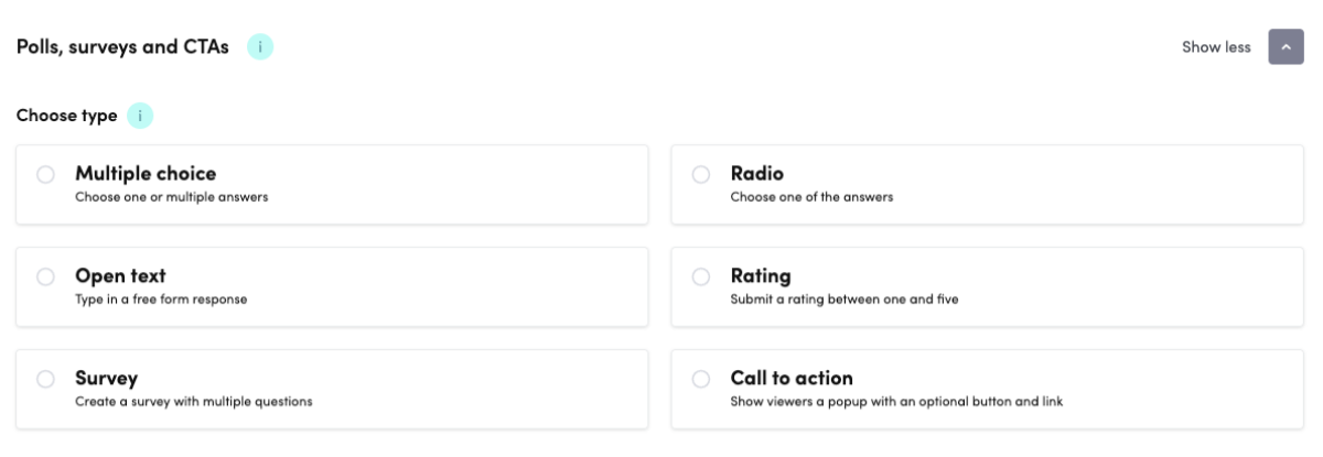 Choosing the question type when creating a poll: Multiple choice, Radio, Open text, Rating, Survey and Call to action