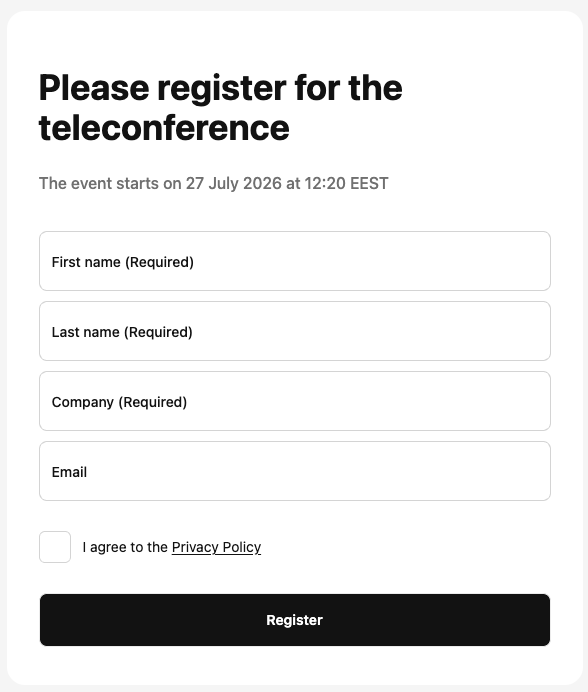 The separate registration form for phone participants, collecting first name, last name, company and email before the call