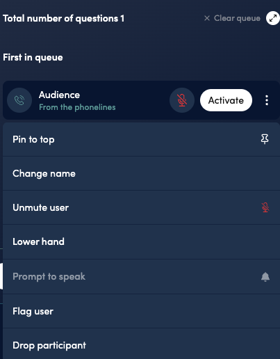 The full per-participant action list: Pin to top, Change name, Unmute user, Lower hand, Prompt to speak, Flag user and Drop participant